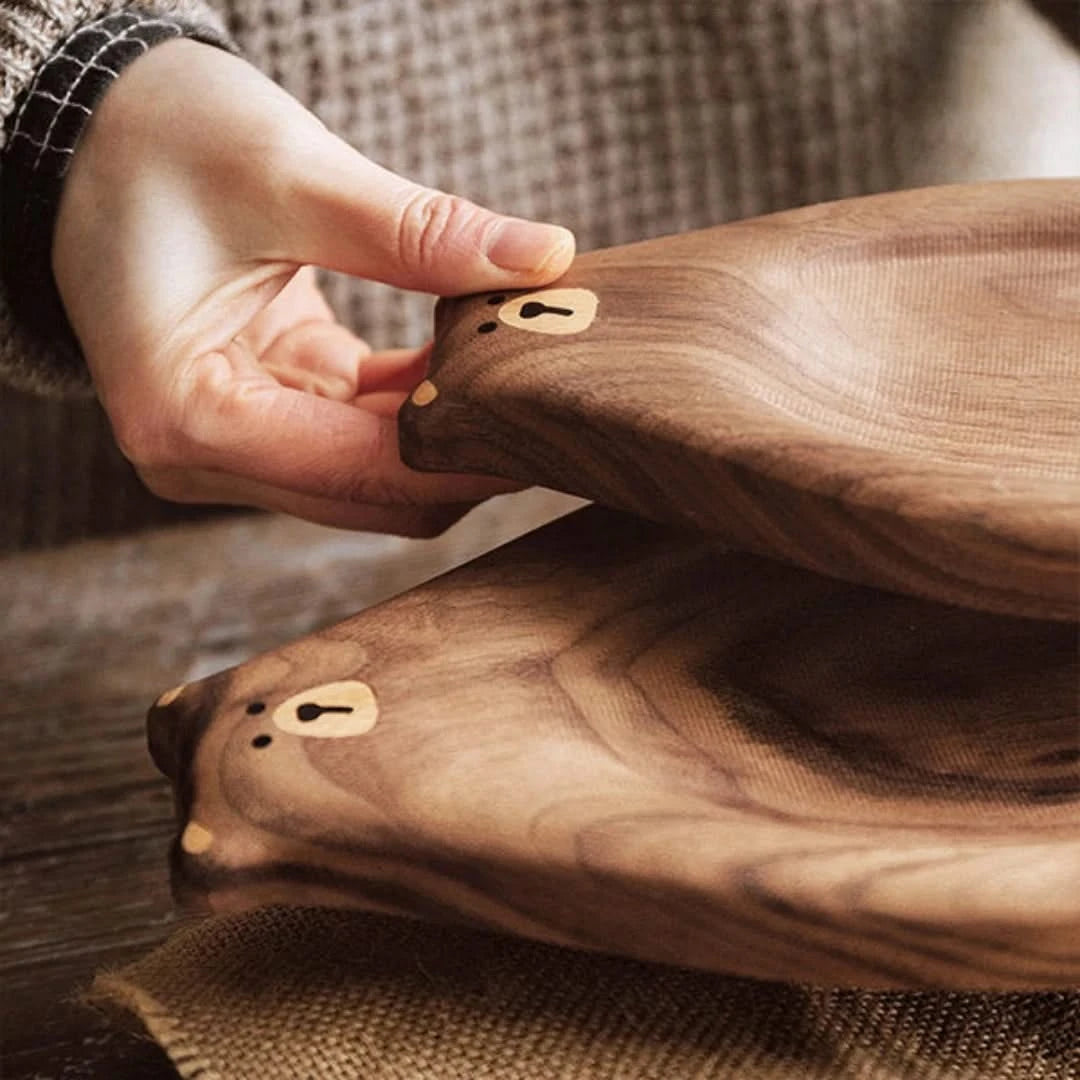 Josh & Tate - Bear Wooden Serving Board - Wooden bear figurine with a hand pointing to a keyhole detail