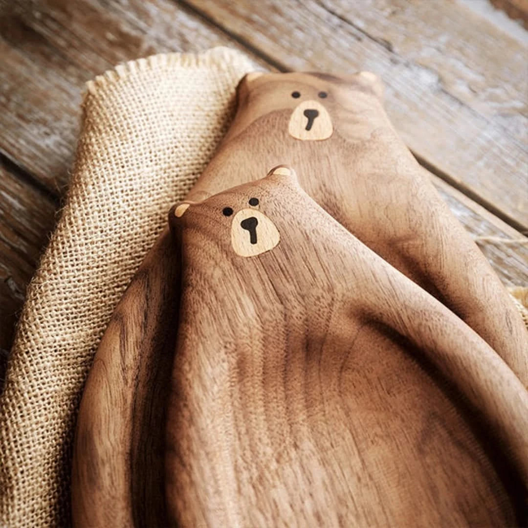 Josh & Tate - Bear Wooden Serving Board - Two wooden bear-shaped trays on a rustic wooden surface