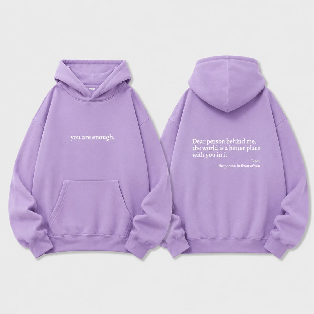Josh & Tate - BehindMe™ Quote Hoodie - A lavender purple hoodie shown from both the front and back views against a light gray background. The front features the white text 'you are enough.