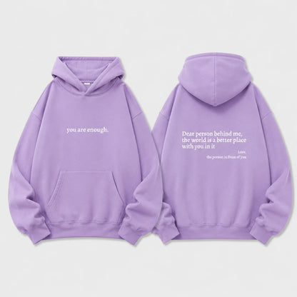 Josh & Tate - BehindMe™ Quote Hoodie - A lavender purple hoodie shown from both the front and back views against a light gray background. The front features the white text 'you are enough.