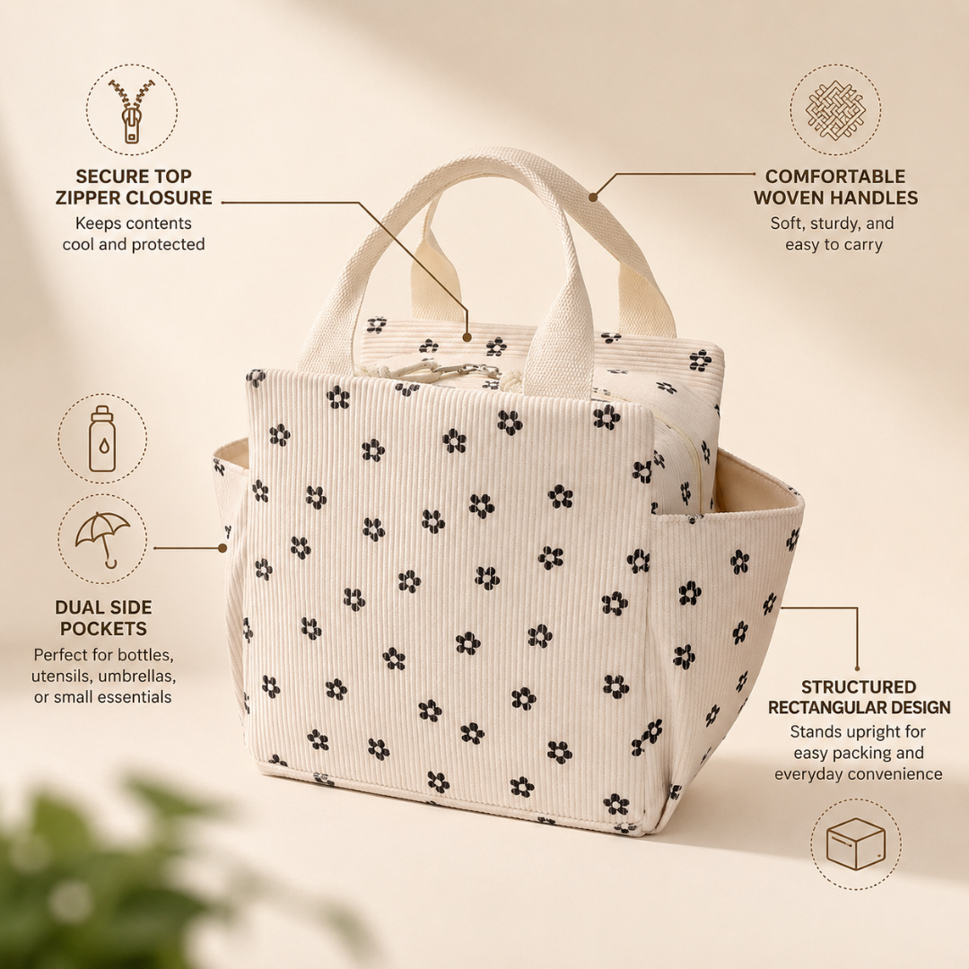 Josh & Tate - BentoCarry™ Insulated Lunch Bag - Beige tote bag with black floral pattern on a beige background, featuring text labels about its features.