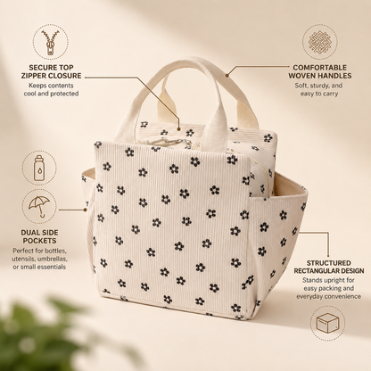 Josh & Tate - BentoCarry™ Insulated Lunch Bag - Beige tote bag with black floral pattern on a beige background, featuring text labels about its features.