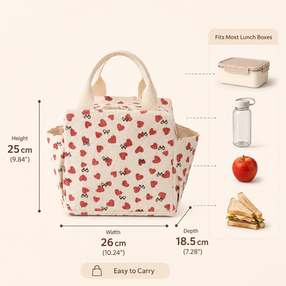 Josh & Tate - BentoCarry™ Insulated Lunch Bag - Lunch bag with heart and bow pattern, dimensions, and items it can hold.