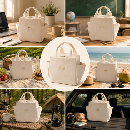 Josh & Tate - BentoCarry™ Insulated Lunch Bag - Collage of a white insulated lunch bag in various settings including a table, beach, and outdoors.