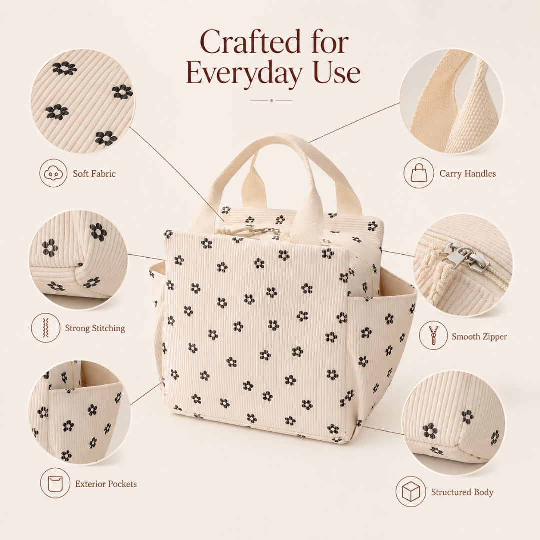 Josh & Tate - BentoCarry™ Insulated Lunch Bag - Beige tote bag with black floral pattern and features highlighted on a beige background