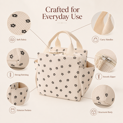 Josh & Tate - BentoCarry™ Insulated Lunch Bag - Beige tote bag with black floral pattern and features highlighted on a beige background