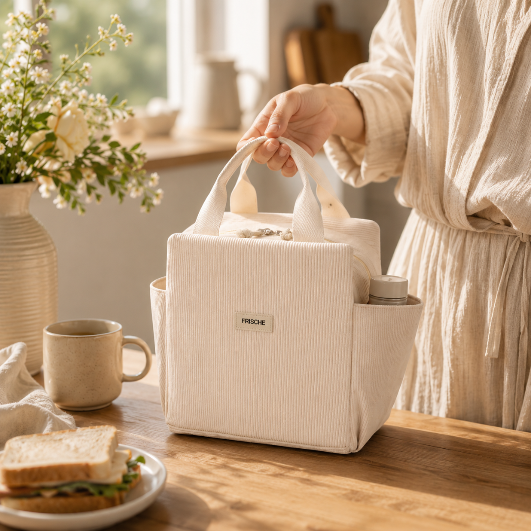 Josh & Tate - BentoCarry™ Insulated Lunch Bag - Beige lunch bag held by a person in a kitchen setting with a sandwich and mug on the table.