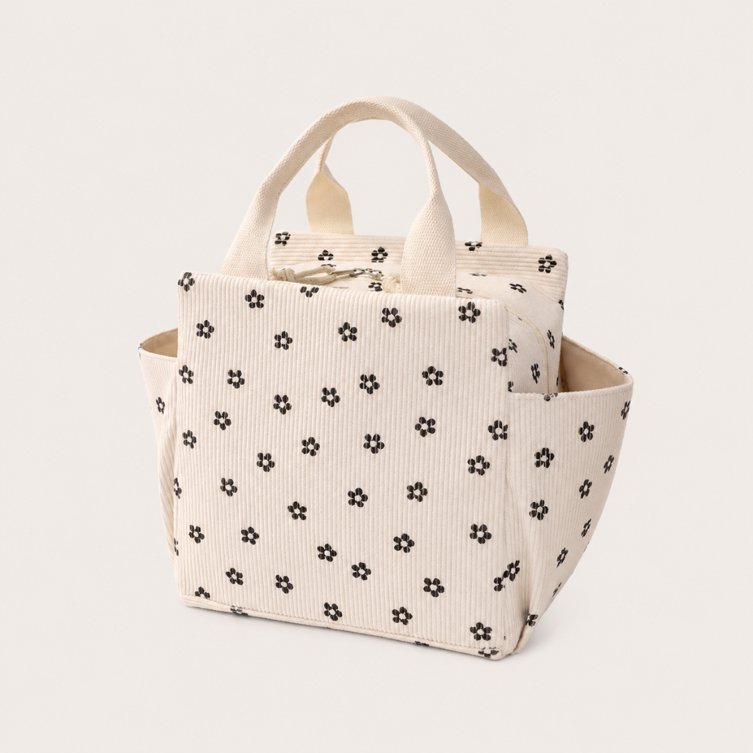 Josh & Tate - BentoCarry™ Insulated Lunch Bag - Beige tote bag with black floral pattern on a light gray background