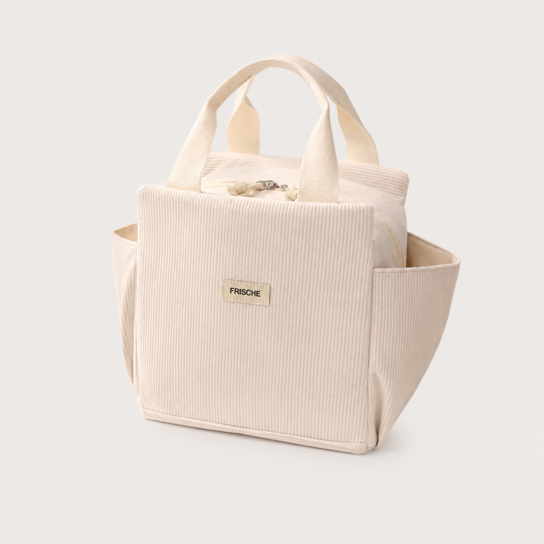 Josh & Tate - BentoCarry™ Insulated Lunch Bag - Beige tote bag with a visible brand label on a light gray background