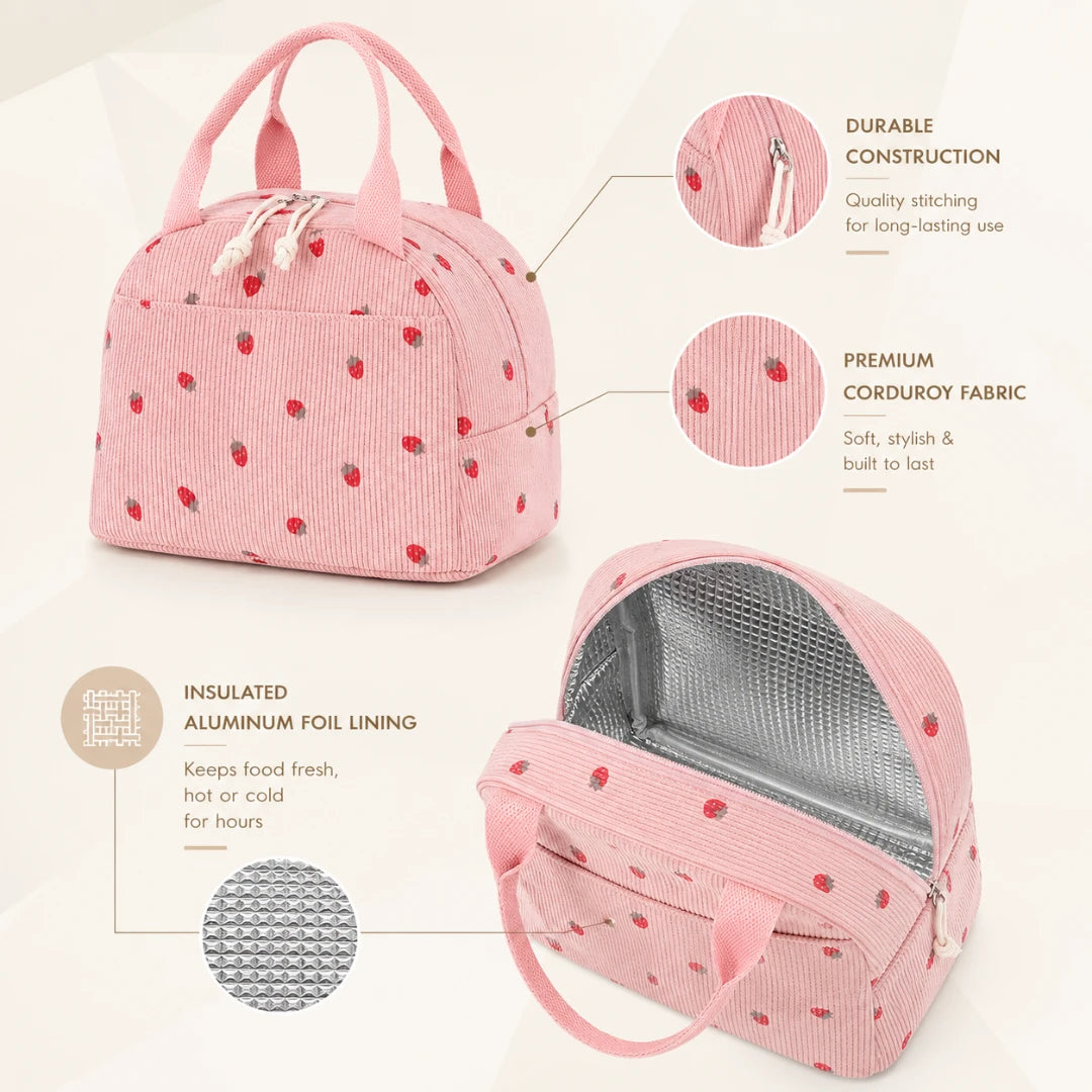 Josh & Tate - BerryTote™ Insulated Lunch Bag - Pink corduroy lunch bag with red strawberry print, shown closed and open to reveal silver insulated lining, with callout graphics highlighting durable construction, premium corduroy fabric, and aluminum foil lining.