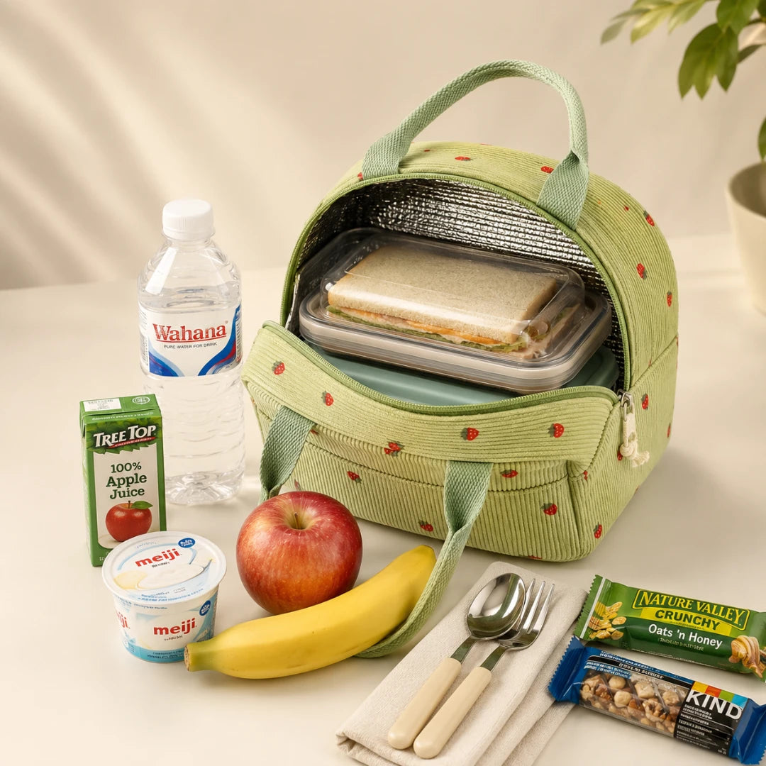 Josh & Tate - BerryTote™ Insulated Lunch Bag - A light green corduroy lunch bag with red strawberry prints is shown open with a sandwich inside, surrounded by a picnic-style snack arrangement on a tabletop. The bag is styled with a water bottle, juice box, yogurt, apple, banana, utensils, and packaged snacks.