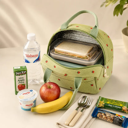 Josh & Tate - BerryTote™ Insulated Lunch Bag - A light green corduroy lunch bag with red strawberry prints is shown open with a sandwich inside, surrounded by a picnic-style snack arrangement on a tabletop. The bag is styled with a water bottle, juice box, yogurt, apple, banana, utensils, and packaged snacks.