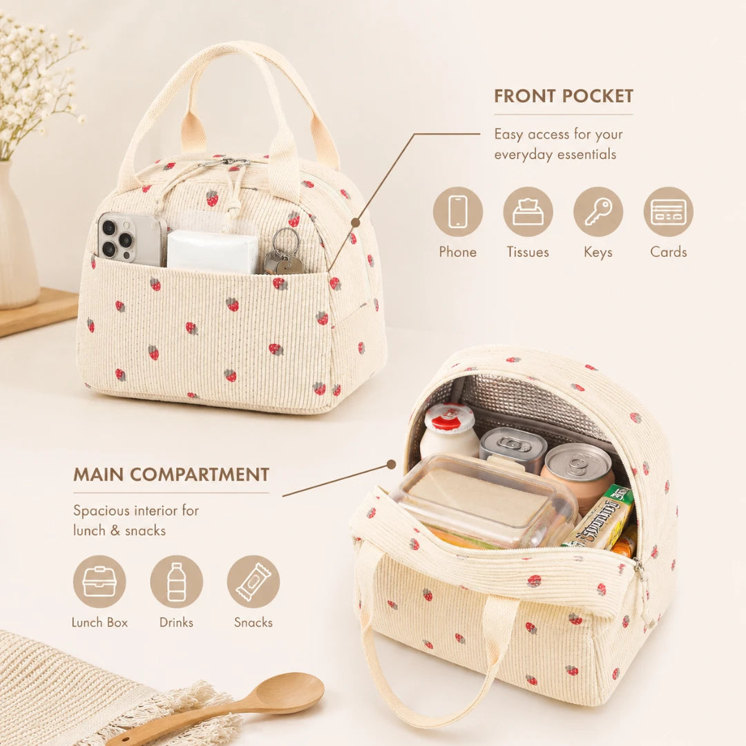 Josh & Tate - BerryTote™ Insulated Lunch Bag - A cream-colored corduroy lunch bag with red polka dots, shown in two views: one closed with a front pocket containing a phone and tissues, and one open showing a main compartment with snacks and drinks. The image includes informative text and icons explaining the front pocket and main compartment features.