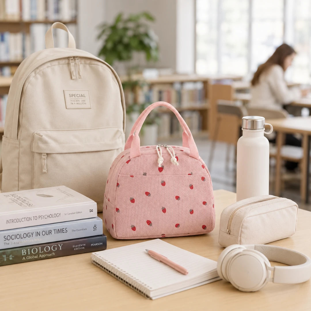 Josh & Tate - BerryTote™ Insulated Lunch Bag - A styled desk scene in a bright library or classroom setting, featuring a cream canvas backpack, a pink corduroy lunch bag with red polka dots, a cream zip pouch, a white water bottle, a notebook, a pen, and headphones.