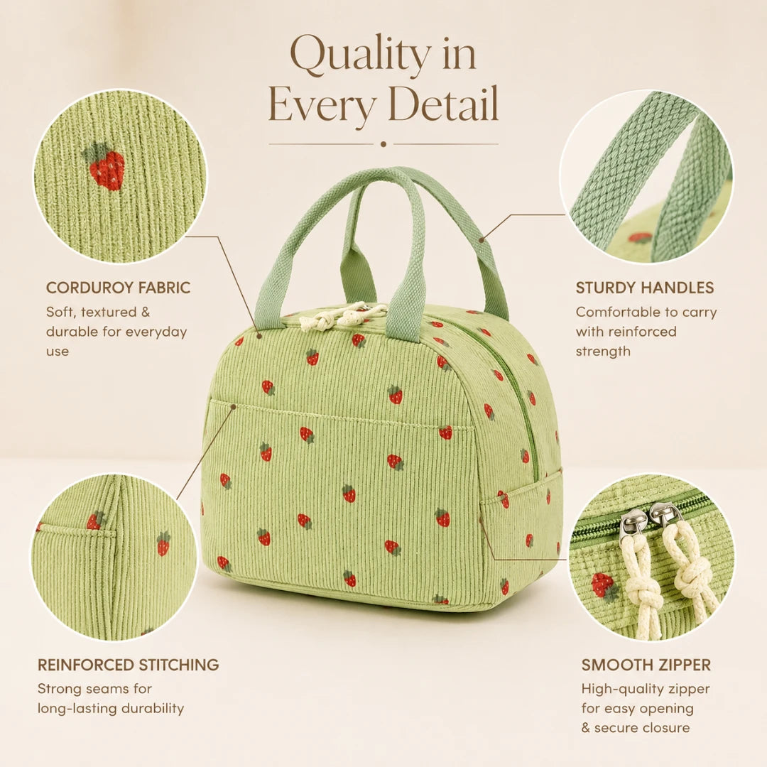 Josh & Tate - BerryTote™ Insulated Lunch Bag - A light green corduroy lunch bag with a red strawberry pattern, shown on a beige background with four circular detail callouts and text highlighting fabric, handles, stitching, and zipper quality.