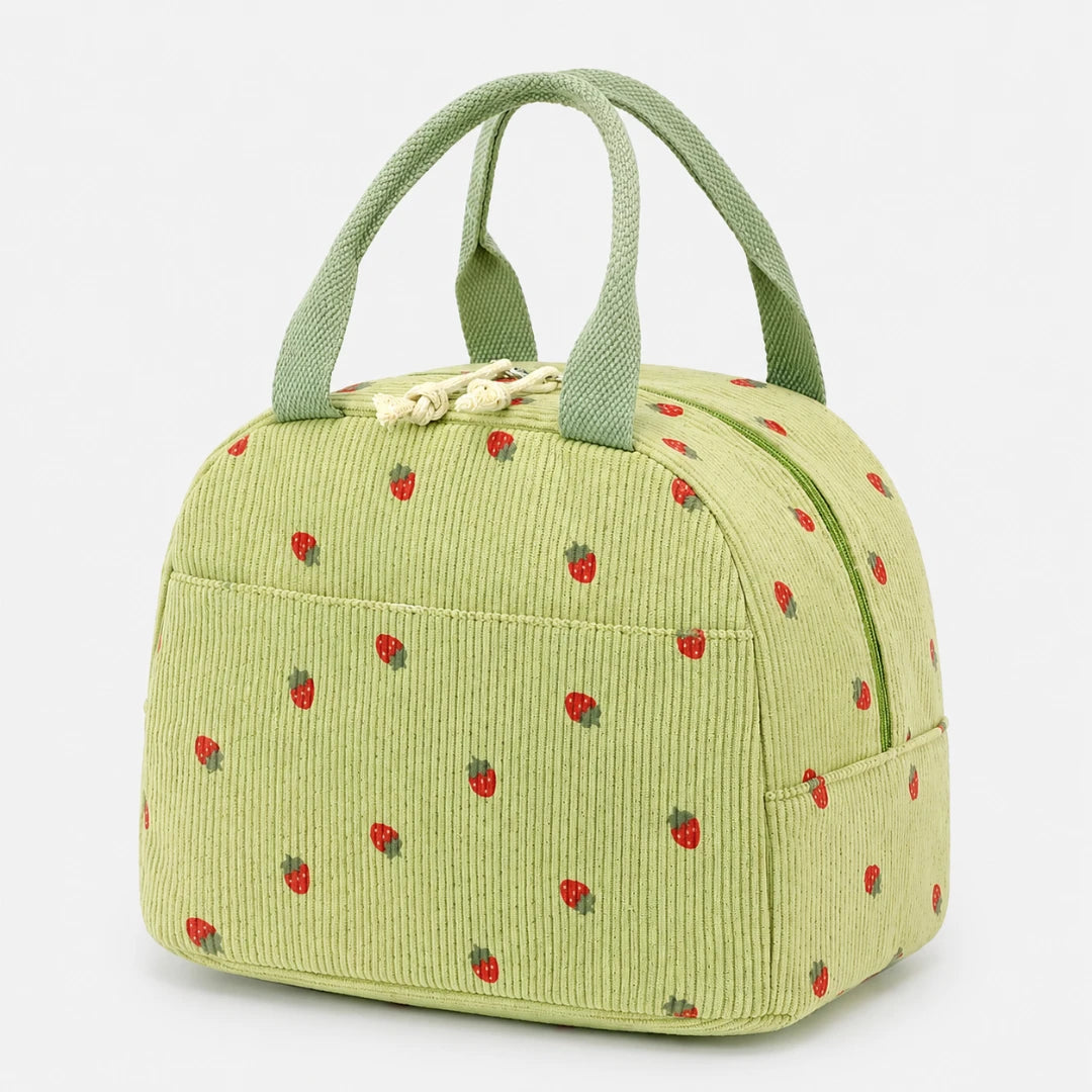 A light green corduroy lunch bag with a strawberry pattern, featuring two top handles and a front zippered pocket, shown on a plain white background.