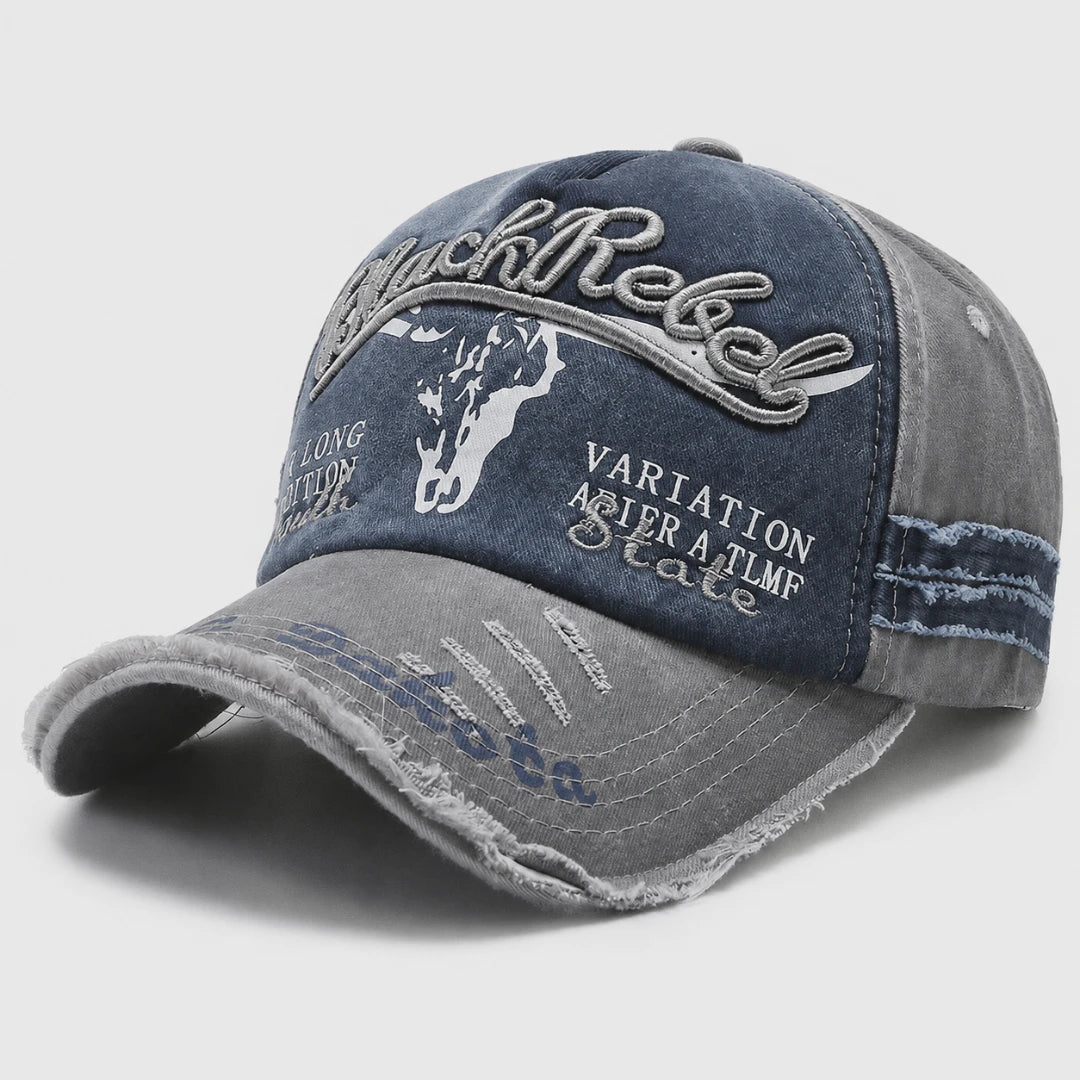 Josh & Tate - BlackRebel™ Distressed Cap - Blue and gray distressed baseball cap with text and logo on a white background