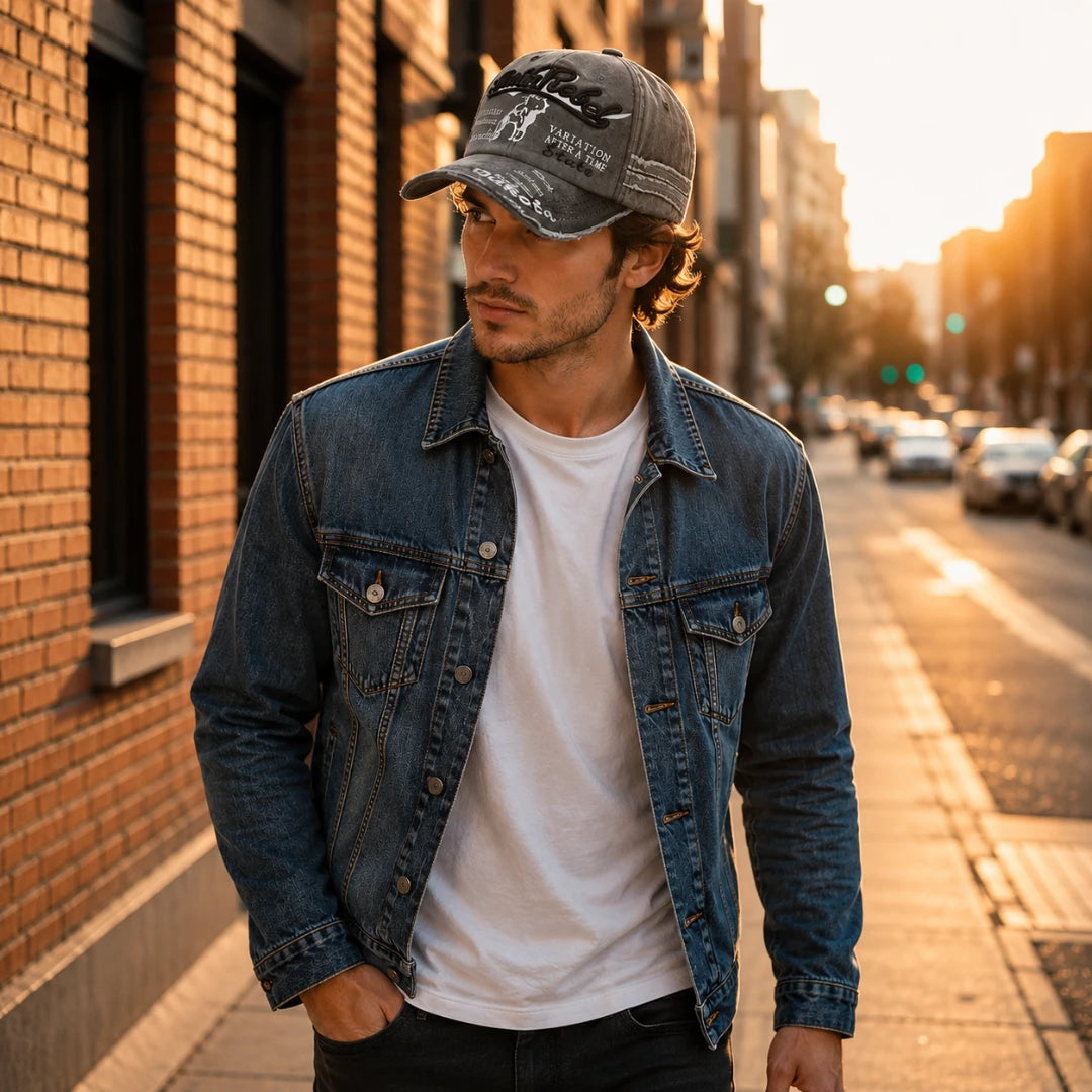 Josh & Tate - BlackRebel™ Distressed Cap - A man wearing a dark blue denim jacket over a white t-shirt, black pants, and a distressed gray baseball cap, standing on a city street at sunset.