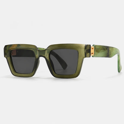 Josh & Tate - BlockFrame™ Bold Square Sunglasses - Olive green acetate square sunglasses with dark lenses and a gold-tone hinge detail, shown on a light gray background.