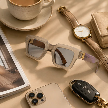 Josh & Tate - BlockFrame™ Bold Square Sunglasses - A styled flat-lay featuring a pair of translucent square sunglasses with mirrored lenses and a purple patterned temple, arranged on a beige surface alongside a watch, wallet, phone, keys, and a cup.