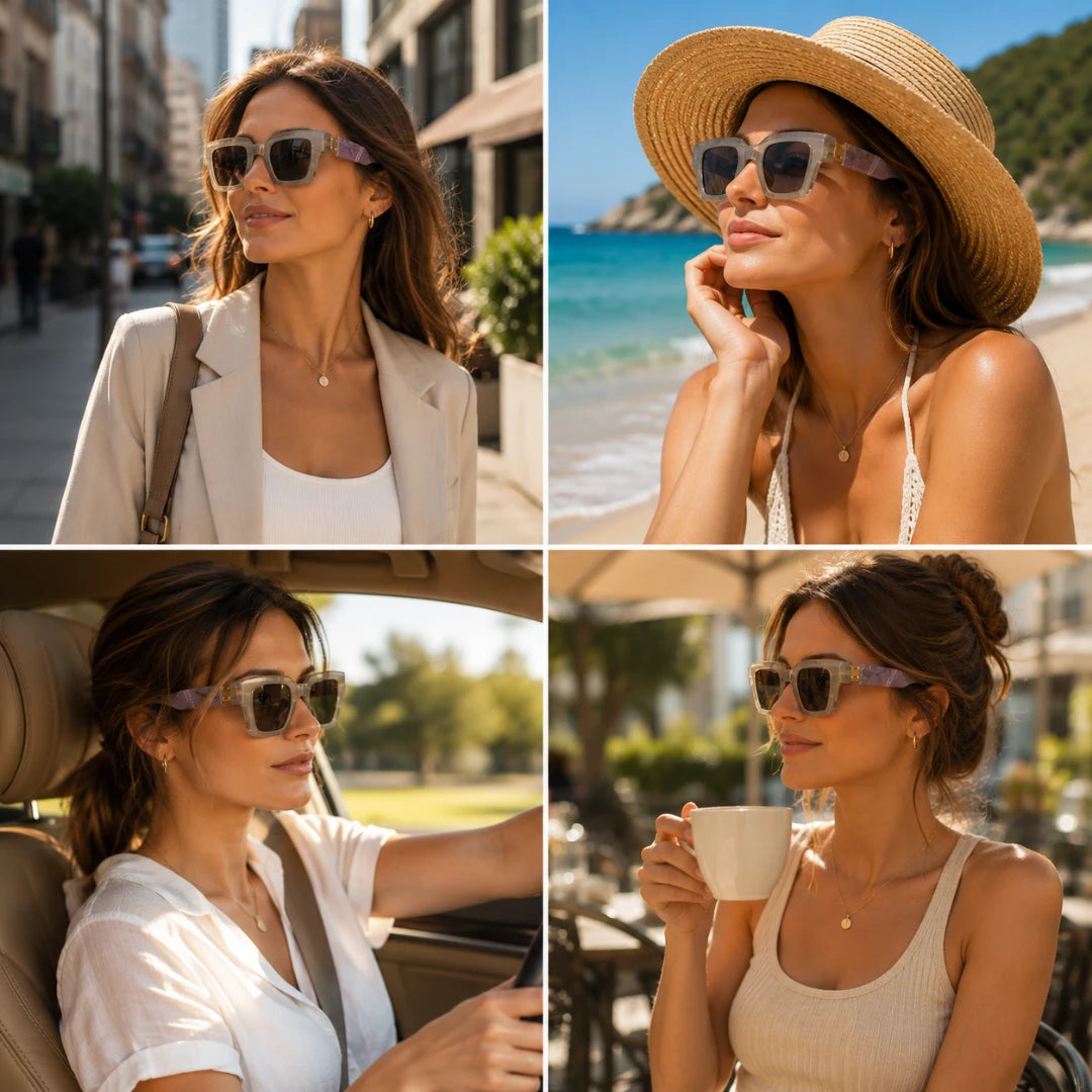 Josh & Tate - BlockFrame™ Bold Square Sunglasses - A four-panel collage showing women wearing oversized square sunglasses in different real-world settings: on a city street, at the beach, driving in a car, and sitting at a cafe. The sunglasses have thick dark frames and purple-tinted lenses.
