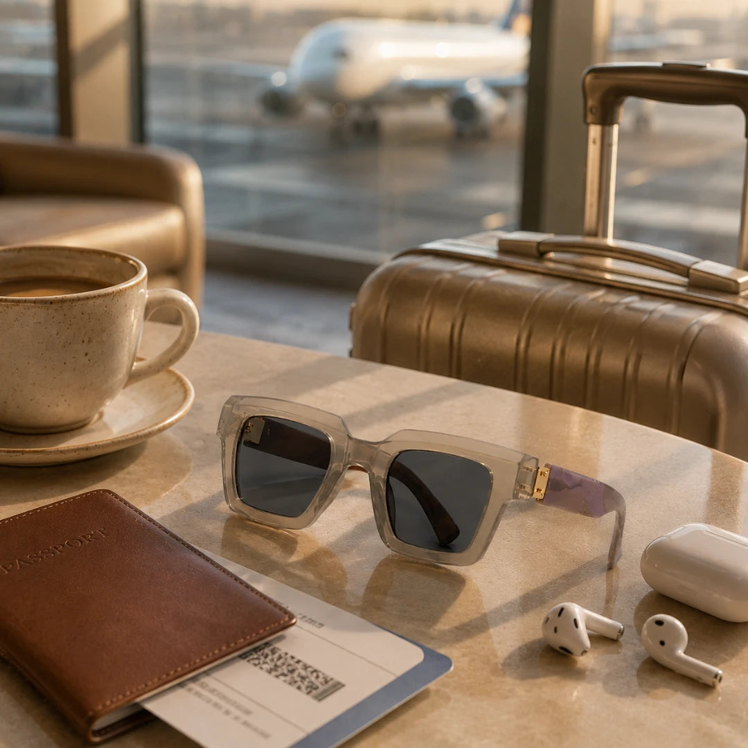 Josh & Tate - BlockFrame™ Bold Square Sunglasses - Square sunglasses with translucent light gray frames and dark lenses resting on a table in an airport lounge, surrounded by a coffee cup, brown leather wallet, boarding pass, white earbuds, charging case, and a gold suitcase near a window with an airplane in the background.