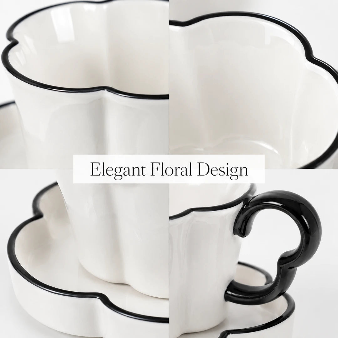 Josh & Tate - BloomCup™ Porcelain Cup & Saucer - A four-panel close-up collage of a white ceramic cup and matching saucer with a black scalloped edge. The panels show the cup from the side, the interior, the saucer, and the handle detail.