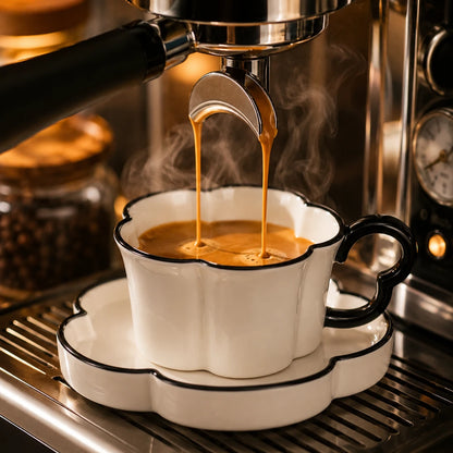 Josh & Tate - BloomCup™ Porcelain Cup & Saucer - A close-up of espresso pouring from a metal portafilter into a white ceramic cup with a black handle and rim, set on a matching saucer. Steam rises, and a coffee machine and coffee beans are softly blurred in the background.