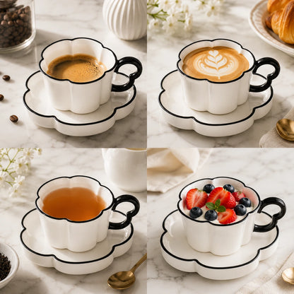 Josh & Tate - BloomCup™ Porcelain Cup & Saucer - Four-panel collage showing a white ceramic cup and saucer set with black handles and rim, styled with coffee, latte, tea, and fruit on a marble surface.