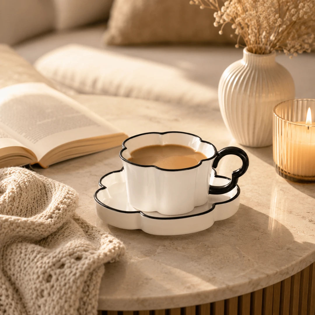 Josh & Tate - BloomCup™ Porcelain Cup & Saucer - A white ceramic cup and matching saucer with black scalloped edging, filled with coffee, styled on a round stone table beside an open book, a cream knit blanket, a ribbed vase with dried flowers, and a lit candle.