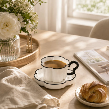 Josh & Tate - BloomCup™ Porcelain Cup & Saucer - A white ceramic coffee cup and saucer set with a black handle and rim, filled with coffee on a light wood table. The scene is styled with a flower arrangement, a folded cream cloth, an open book, and a croissant in a bright, sunlit room.