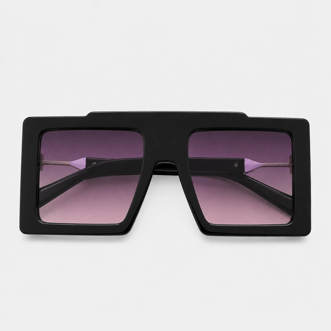 Josh & Tate - BoldFrame™ Square Glasses - A pair of oversized square sunglasses with a thick black frame and gradient purple lenses, shown against a light gray background.