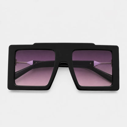 Josh & Tate - BoldFrame™ Square Glasses - A pair of oversized square sunglasses with a thick black frame and gradient purple lenses, shown against a light gray background.