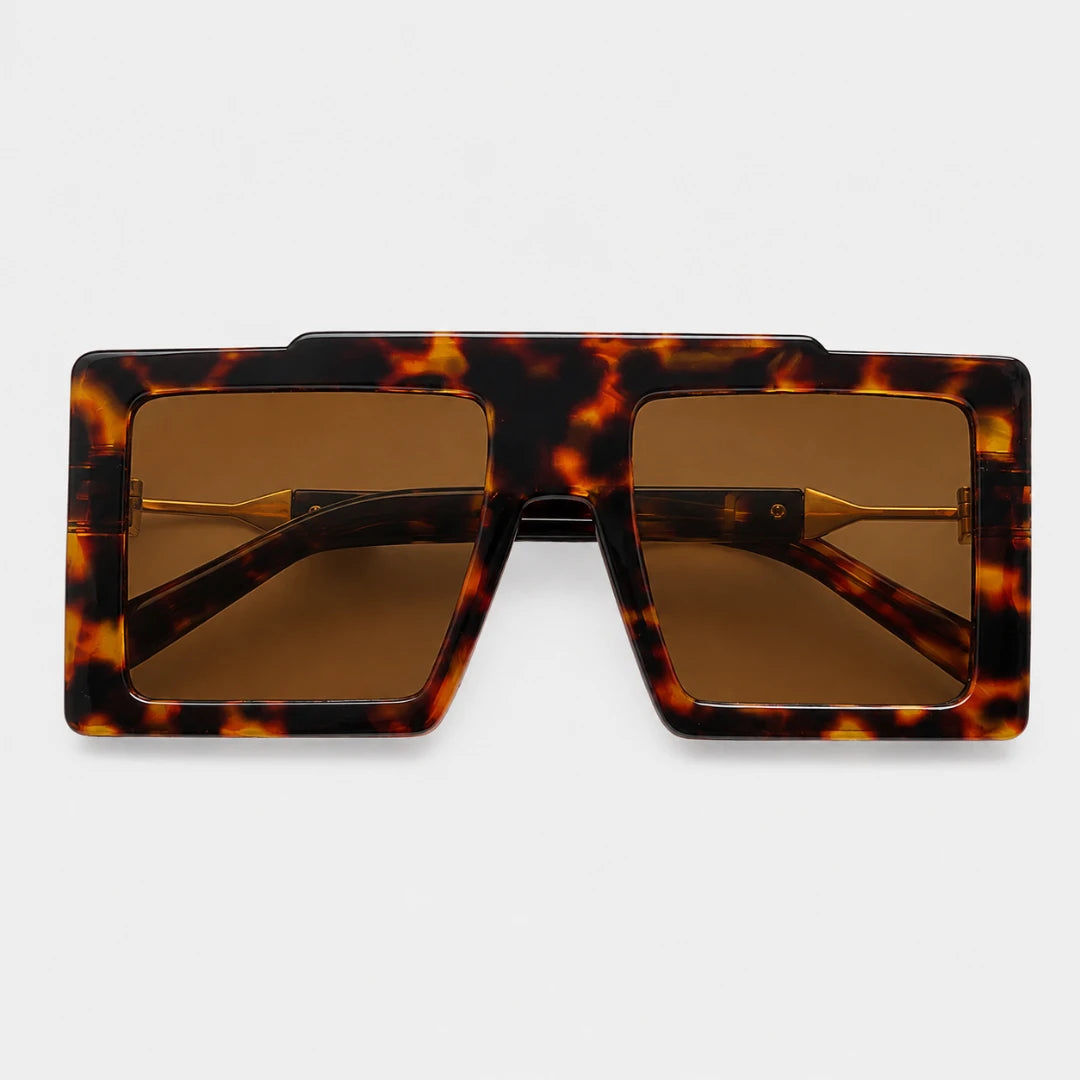 Josh & Tate - BoldFrame™ Square Glasses - Square aviator-style sunglasses with a thick tortoiseshell frame and brown tinted lenses, shown from the front on a light gray background.