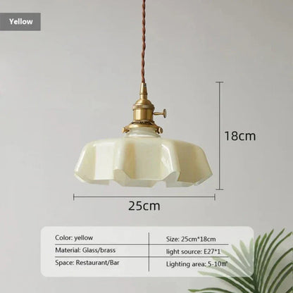 Vintage-style pendant light with measurements and specifications on a gray background