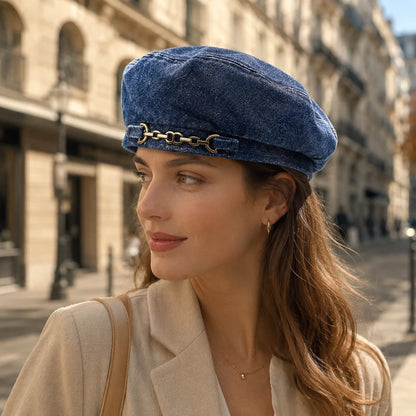 Josh & Tate - BrixChain™ Washed Denim Beret - A woman wearing a blue denim beret-style hat with a gold-tone chain detail across the front, photographed outdoors on a city street with blurred buildings in the background.