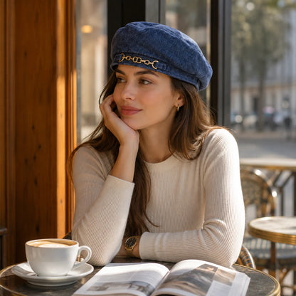 Josh & Tate - BrixChain™ Washed Denim Beret - A woman sitting at a cafe table wearing a blue denim beret with a gold chain detail, a cream ribbed long-sleeve top, and resting her chin on her hand next to an open book and a cup of coffee.