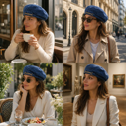 Josh & Tate - BrixChain™ Washed Denim Beret - A four-panel collage showing a woman wearing a dark blue beret-style hat with a gold chain detail in different outdoor and indoor settings. The hat is the product being modeled, and the scenes include a cafe, a street, and an art gallery.