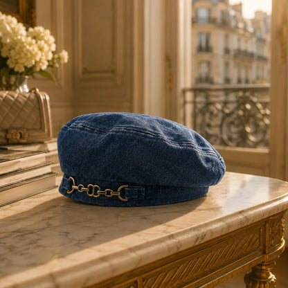 Josh & Tate - BrixChain™ Washed Denim Beret - A blue denim beret-style hat with a gold horsebit detail sits on a marble table in a luxurious interior setting with a window showing a Parisian balcony view.