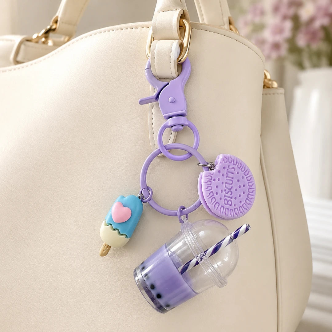 Josh & Tate - BubbleBite™ Milk Tea Keychain - A purple plastic keychain bag charm set hanging from a cream-colored handbag. The set includes a purple clasp, two rings, a purple Oreo cookie charm, a blue and pink ice cream cone charm, and a clear cup charm filled with purple bubble tea and a blue-and-white striped straw.