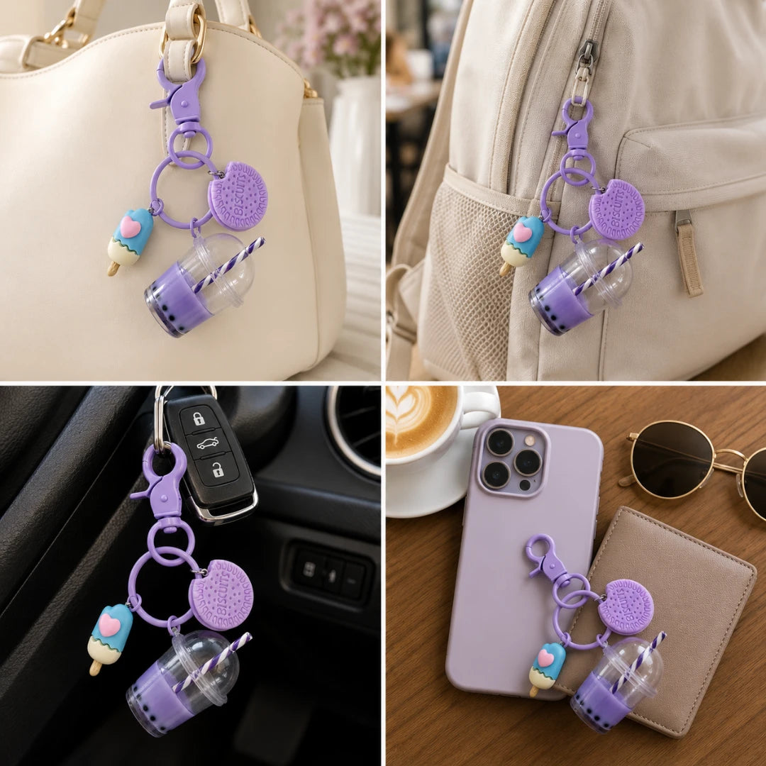 Josh & Tate - BubbleBite™ Milk Tea Keychain - A collage of four lifestyle photos showing a purple keychain bag charm with small pastel charms, including an ice cream cone, a cup, and a round textured piece, attached to a beige handbag, backpack, car key fob, and a light purple phone case.
