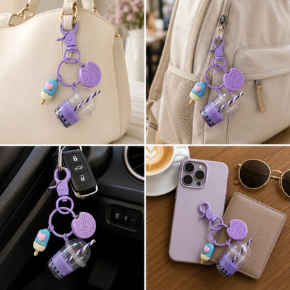 Josh & Tate - BubbleBite™ Milk Tea Keychain - A collage of four lifestyle photos showing a purple keychain bag charm with small pastel charms, including an ice cream cone, a cup, and a round textured piece, attached to a beige handbag, backpack, car key fob, and a light purple phone case.