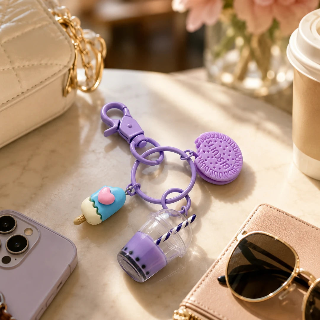 Josh & Tate - BubbleBite™ Milk Tea Keychain - A purple silicone keychain bag charm set styled on a marble tabletop, featuring a Oreo cookie charm, a mini iced coffee cup charm, and a small ice cream cone charm.