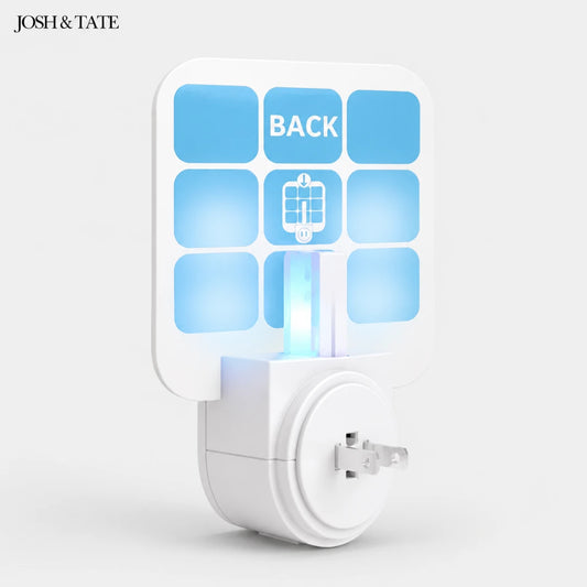 Josh & Tate - BugSheet™ Sticky Mosquito Catcher - White night light with blue LED lights on a white background, featuring the brand 'Josh & Tate'.
