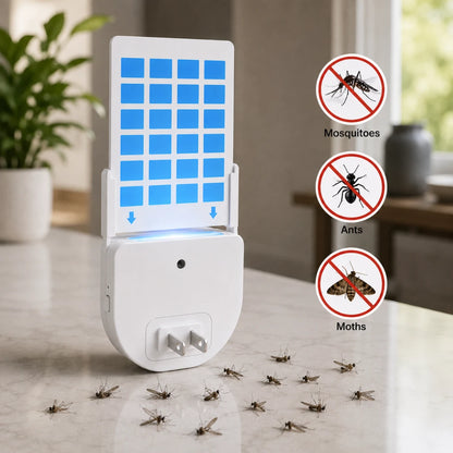 Josh & Tate - BugSheet™ Sticky Mosquito Catcher - A white electronic mosquito trap device with a blue grid panel on the front, shown plugged into a countertop. Small mosquitoes are scattered around the base, and three circular icons on the right show crossed-out mosquitoes, ants, and moths with labels.