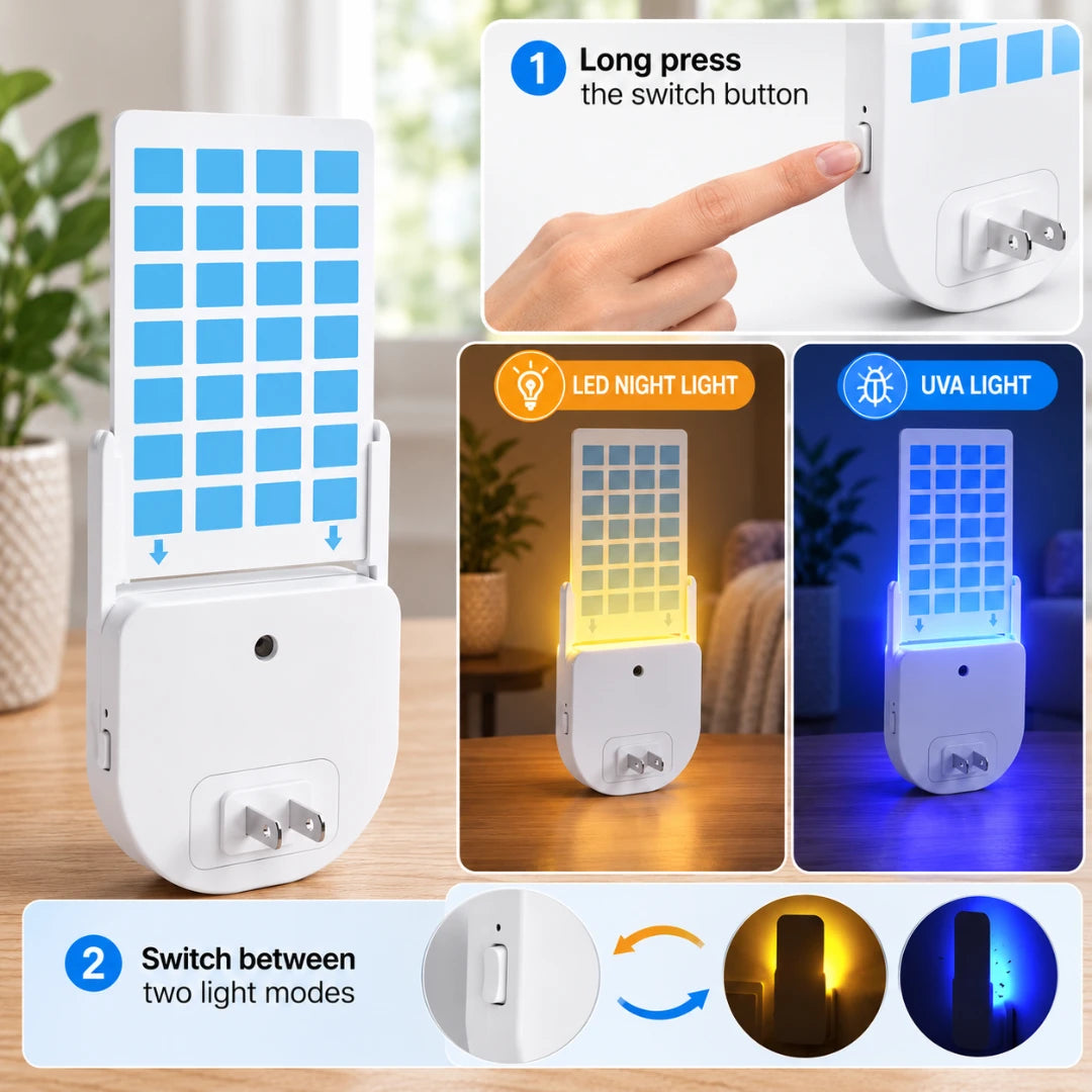 Josh & Tate - BugSheet™ Sticky Mosquito Catcher - A white solar-powered night light plug shown on a tabletop with instructional callouts and feature panels. The image includes a hand pressing the switch, text explaining long-press button use, and two illuminated mode examples: warm yellow LED night light and blue UVA light.