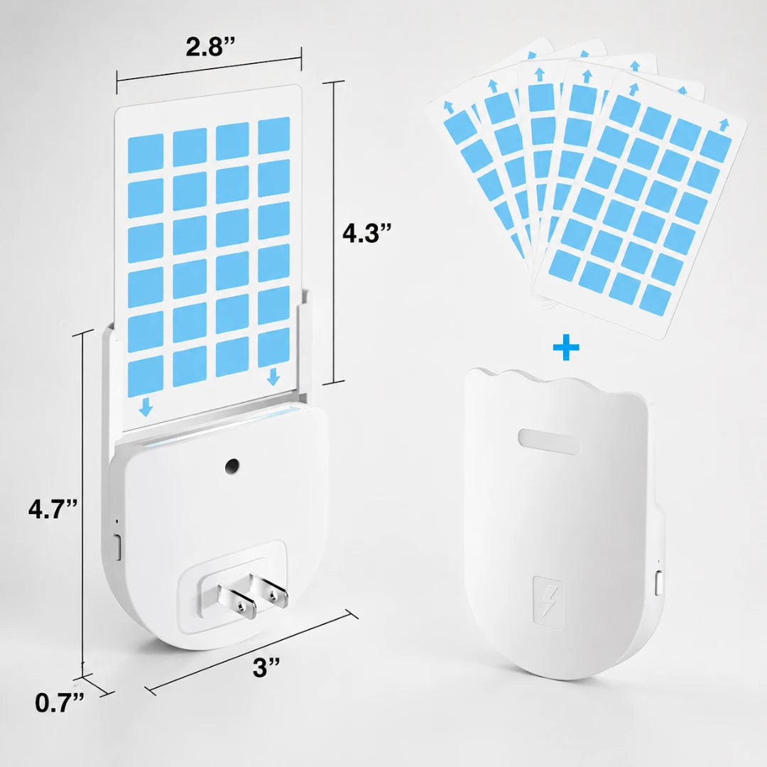 Josh & Tate - BugSheet™ Sticky Mosquito Catcher - White solar-powered insect trap device with dimension labels showing 2.8 x 4.