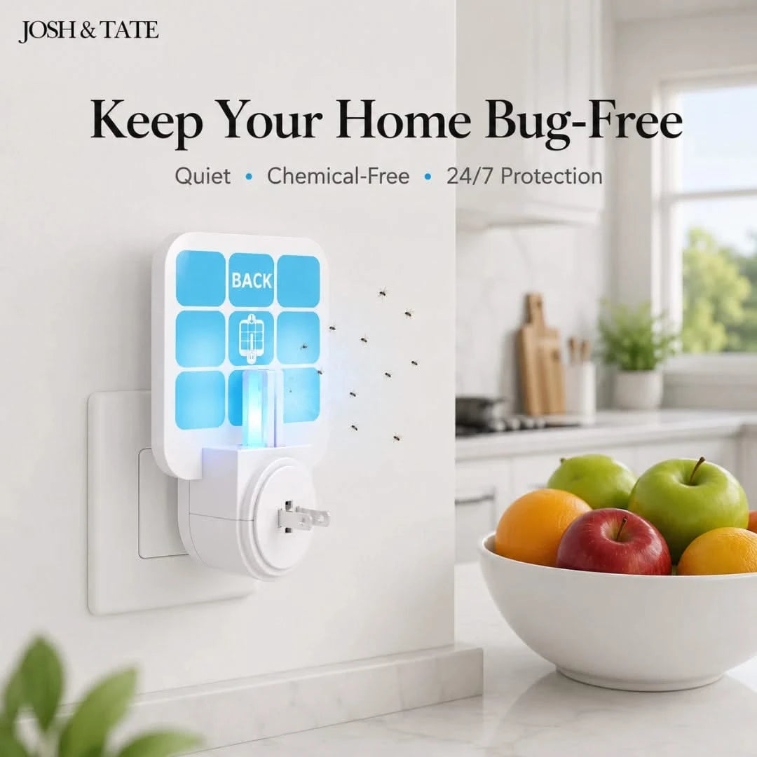 Josh & Tate - BugSheet™ Sticky Mosquito Catcher - Plug-in device on a wall with text 'Keep Your Home Bug-Free' in a kitchen setting.