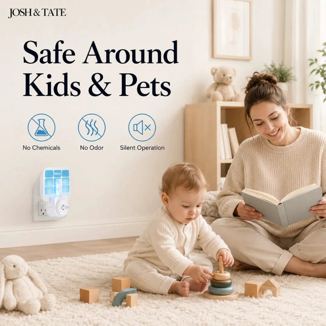 Josh & Tate - BugSheet™ Sticky Mosquito Catcher - Woman reading a book to a child with a device labeled 'Safe Around Kids & Pets' in the background.