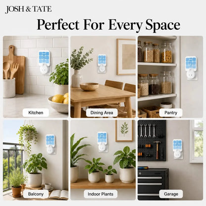 Josh & Tate - BugSheet™ Sticky Mosquito Catcher - Collage of a solar light fixture in various home settings including kitchen, dining area, pantry, balcony, indoor plants, and garage.